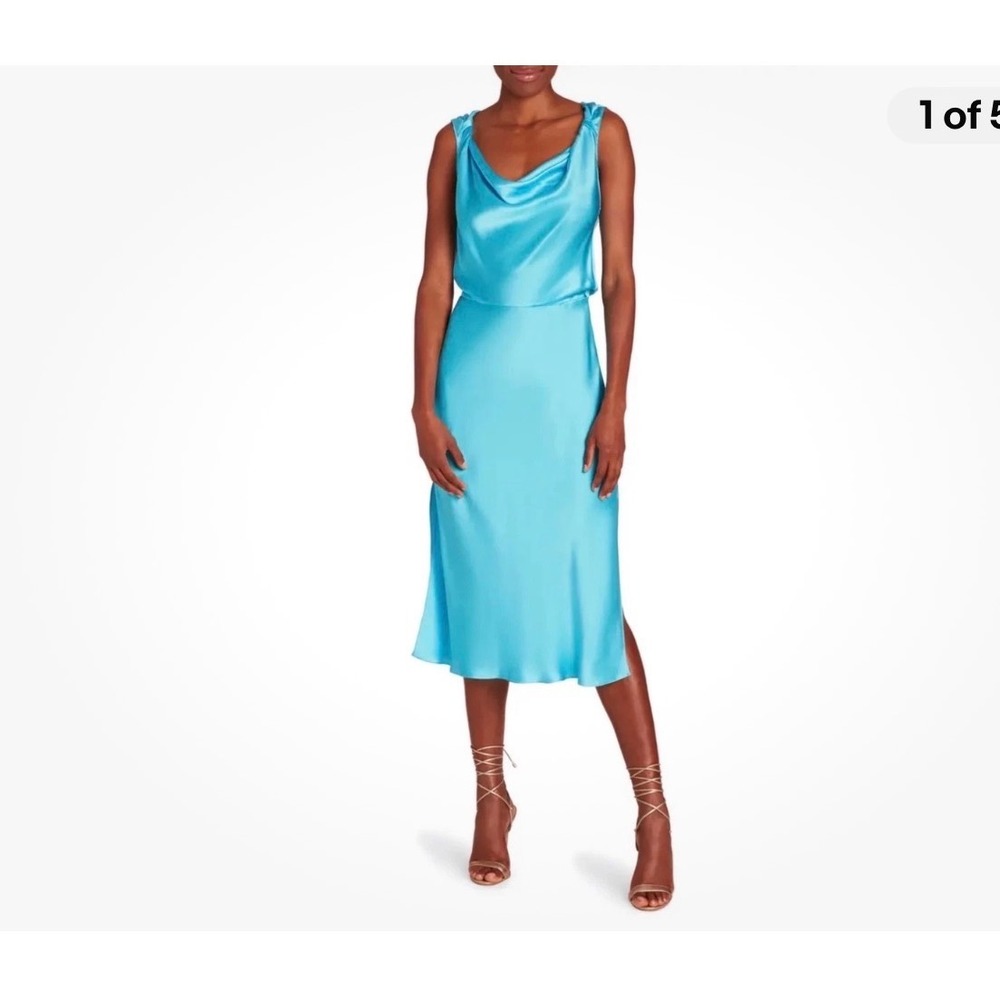Amanda Uprichard Marina Dress Medium Blue New Cowl Neck Silk Midi Knot Shoulder